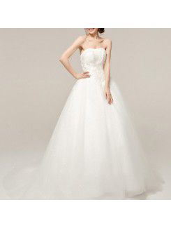 Satin Strapless Sweep Train A-line Wedding Dress with Crystal