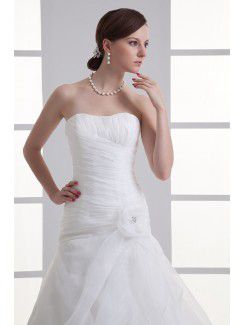 Organza Scoop A-line Sweep Train Hamd-made Flower Wedding Dress