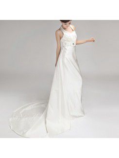 Satin Halter Chapel Train Empire Wedding Dress with Crystal