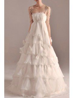 Organza longueur de plancher spaghetti robe de mariée a-ligne avec des fleurs à la main