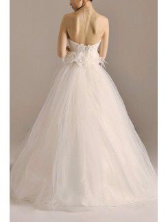Tulle Strapless Floor Length A-line Wedding Dress with Handmade Flowers
