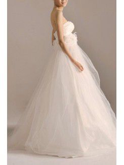Tulle Strapless Floor Length A-line Wedding Dress with Handmade Flowers