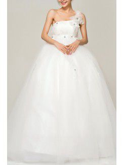 Satin One Shoulder Floor Length Ball Gown Wedding Dress with Crystal