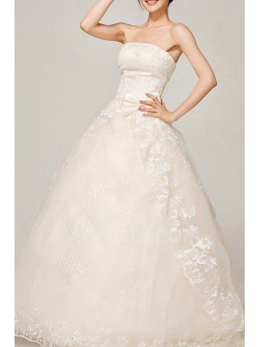 Satin Strapless Floor Length Ball Gown Wedding Dress with Embroidered