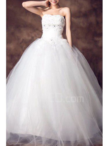 Satin stroppeløs gulv lengde ball kjole brudekjole med krystall