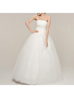 Satin Strapless Floor Length Ball Gown Wedding Dress with Handmade Flowers