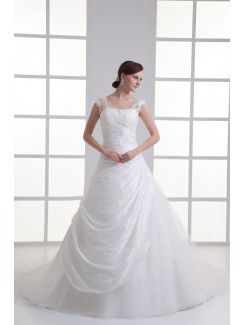 Taffetas une ligne de longueur de plancher hamd-made robe de mariée de fleurs