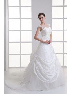 Taffeta Strapless A-line Floor Length Hamd-made Flowers Wedding Dress