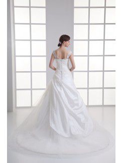 Taffeta Strapless A-line Floor Length Hamd-made Flowers Wedding Dress