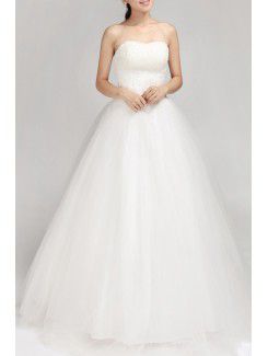 Satin Scoop Floor Length Ball Gown Wedding Dress with Pearls