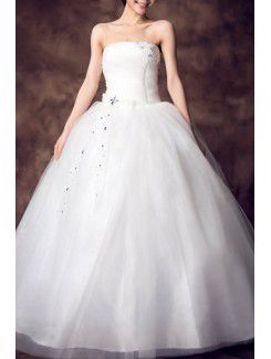 Net axelbandslös golv längd balklänning bröllopsklänning med beading