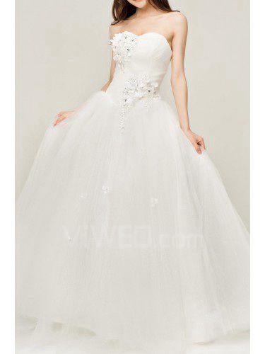 Satin Sweetheart Floor Length Ball Gown Wedding Dress with Handmade Flowers