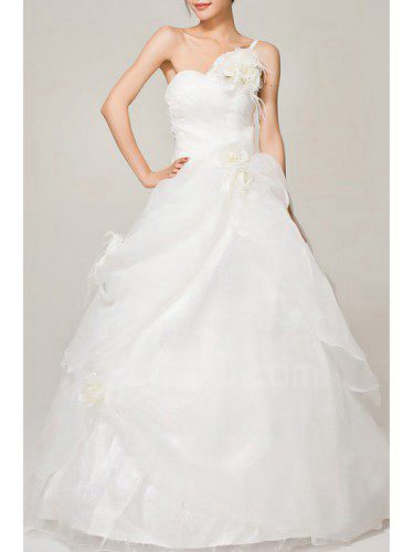 Satin une épaule étage longueur robe de bal de mariage robe avec des fleurs à la main