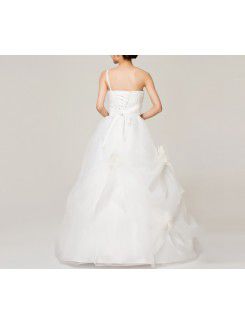Satin One Shoulder Floor Length Ball Gown Wedding Dress with Handmade Flowers