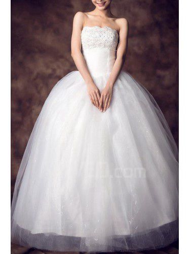 Satin Strapless Floor Length Ball Gown Wedding Dress with Beading