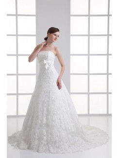 Satin and Net Strapless A-line Sweep Train Sash Wedding Dress
