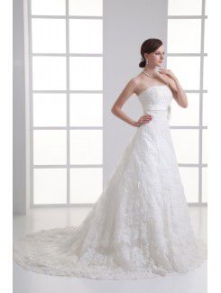 Satin and Net Strapless A-line Sweep Train Sash Wedding Dress