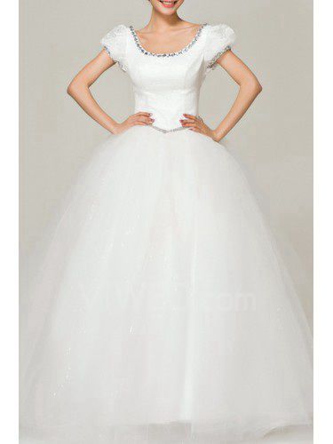 Satin Scoop Floor Length Ball Gown Wedding Dress with Crystal