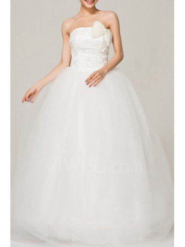 Satin Strapless Floor Length Ball Gown Wedding Dress with Pearls