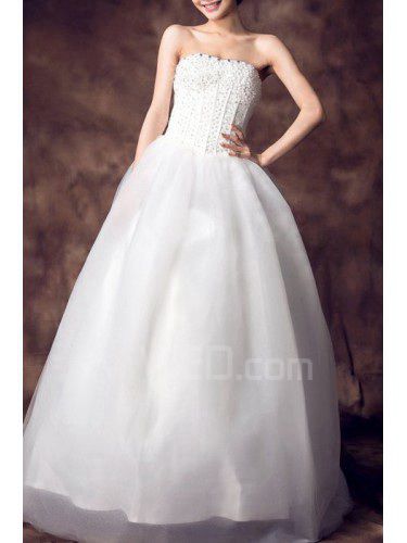 Satin Strapless Floor Length Ball Gown Wedding Dress with Sequins
