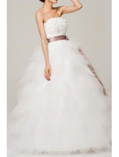 Атласная без бретелек длина пола бальное платье свадебное платье с цветами ручной работы