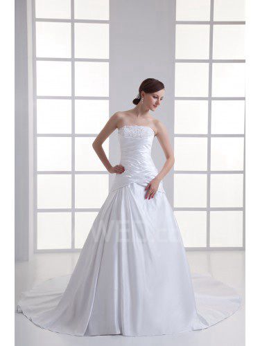Satin Strapless A-line Sweep Train Embroidered Wedding Dress