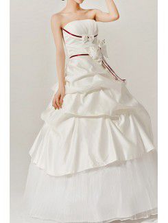 Satin Strapless Floor Length Ball Gown Wedding Dress with Handmade Flowers