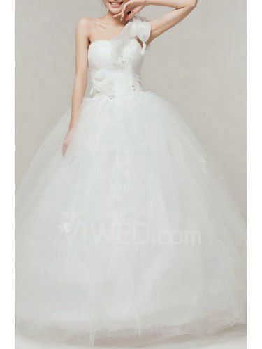 Satin One Shoulder Floor Length Ball Gown Wedding Dress with One Shoulder