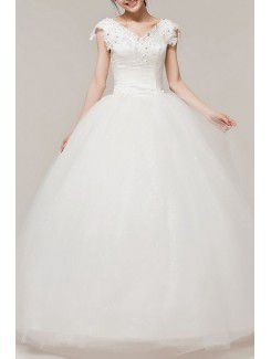 Satin v-hals gulv lengde ball kjole brudekjole med paljetter