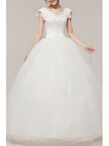 Атласная v-образным вырезом длина пола бальное платье свадебное платье с блестками