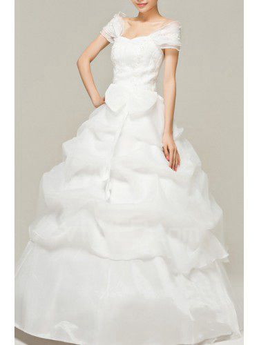 Satin Off-the-Shoulder Floor Length Ball Gown Wedding Dress with Embroidered