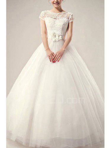 Satén joya piso-longitud del vestido de bola del vestido de boda con perlas