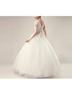 Satin Jewel Floor Length Ball Gown Wedding Dress with Pearls