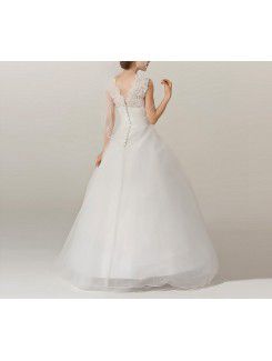 Organza V-neck Floor Length Ball Gown Wedding Dress with Handmade Flowers