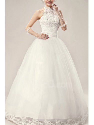 Satin Halter Floor Length Ball Gown Wedding Dress with Embroidered