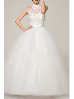 Satin High Collar Floor Length Ball Gown Wedding Dress with Sequins