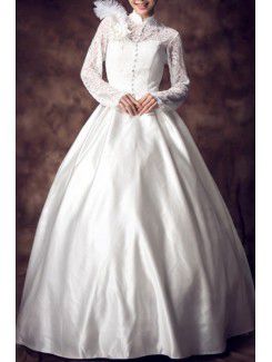 Lace High Collar Floor Length Ball Gown Wedding Dress with Feather