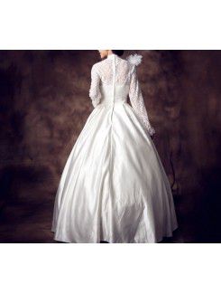 Lace High Collar Floor Length Ball Gown Wedding Dress with Feather