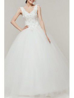 Satin V-neck Floor Length Ball Gown Wedding Dress with Sequins