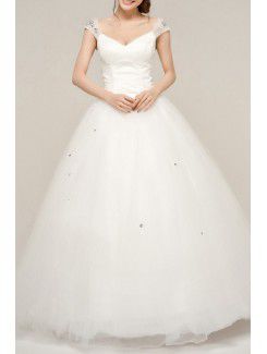 Satin V-neck Floor Length A-line Wedding Dress with Crystal