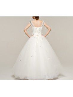 Satin V-neck Floor Length A-line Wedding Dress with Crystal