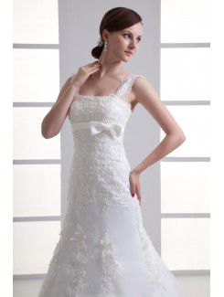 Satin and Net Straps A-line Sweep Train Embroidered Wedding Dress