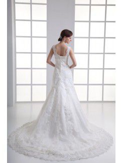 Satin and Net Straps A-line Sweep Train Embroidered Wedding Dress