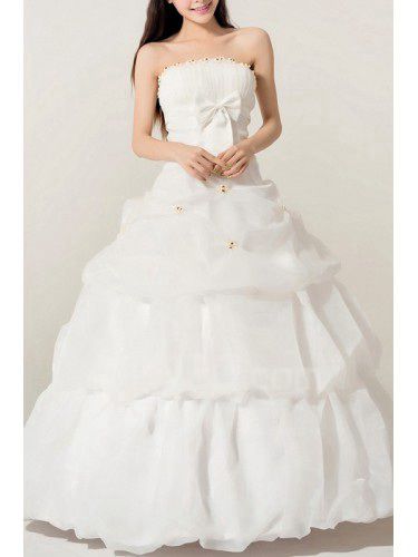 Organza Strapless Floor Length Ball Gown Wedding Dress with Handmade Flowers