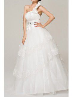 Satin une épaule étage longueur robe de bal de mariage robe avec cristal