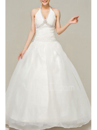 Satin Halter Floor Length Ball Gown Wedding Dress with Pearls