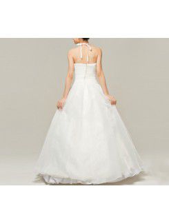 Satin Halter Floor Length Ball Gown Wedding Dress with Pearls