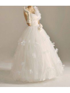 Net One Shoulder Floor Length Ball Gown Wedding Dress with Handmade Flowers