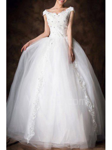 Атласная v-образным вырезом длина пола бальное платье свадебное платье с блестками
