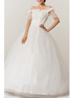 Organza off-the-skulder gulv lengde ball kjole brudekjole med håndlagde blomster
